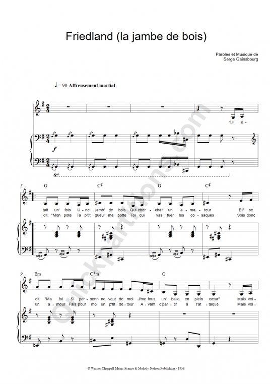 Partition piano Friedland (la jambe de bois) - Serge Gainsbourg
