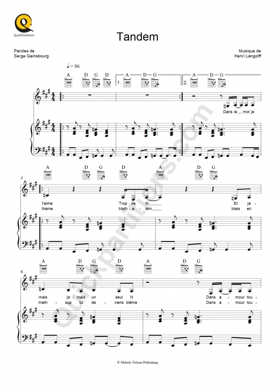 Tandem Piano Sheet Music - Vanessa Paradis