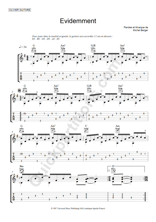 Tablature Guitare Evidemment - Olivier Gaucher