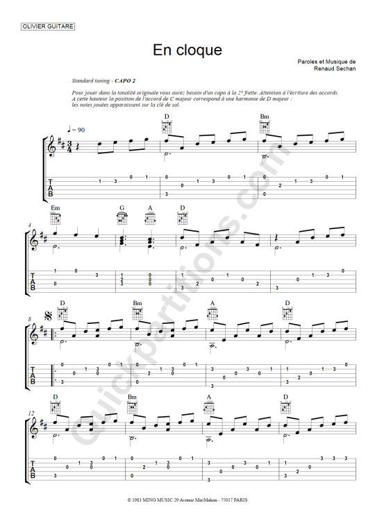 Tablature Guitare En cloque - Olivier Gaucher