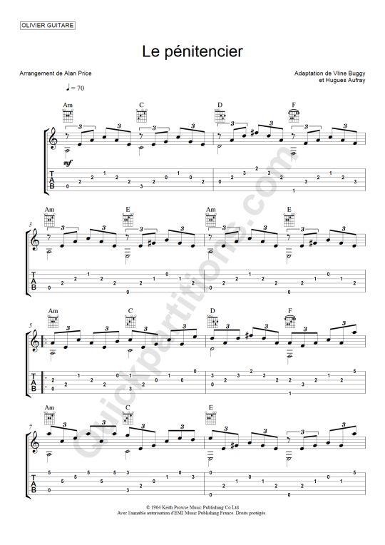 Tablature Guitare Le pénitencier - Olivier Gaucher