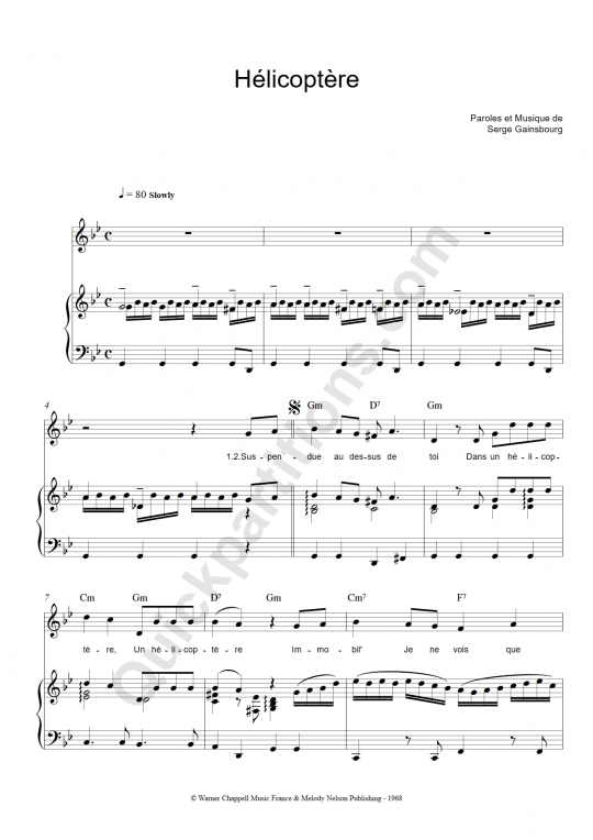 Partition piano Hélicoptère - Serge Gainsbourg