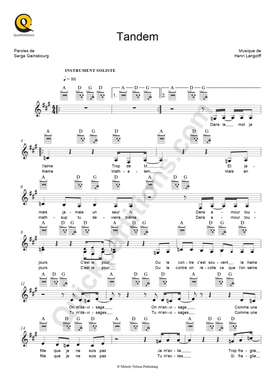 Tandem Leadsheet Sheet Music - Vanessa Paradis