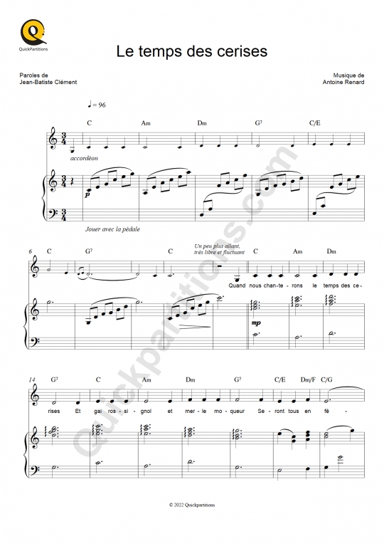 Le temps des cerises Piano Sheet Music - Yves Montand