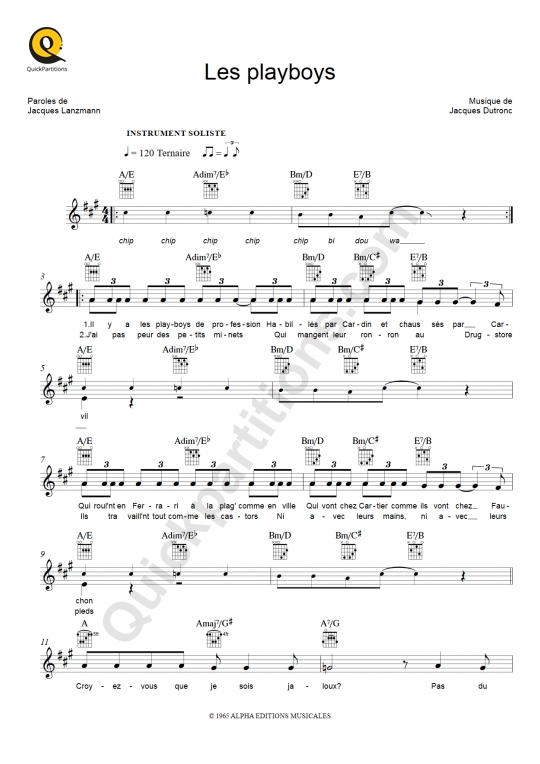 Partition pour Instruments Solistes Les Playboys - Jacques Dutronc