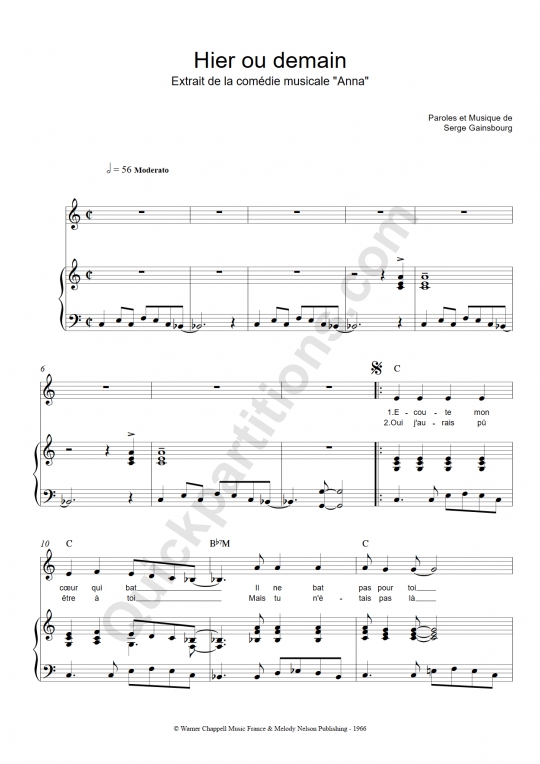 Partition piano Hier ou demain - Serge Gainsbourg