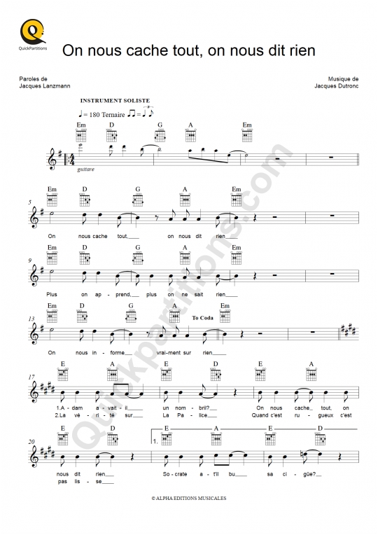 On nous cache tout on nous dit rien Leadsheet Sheet Music from Jacques ...