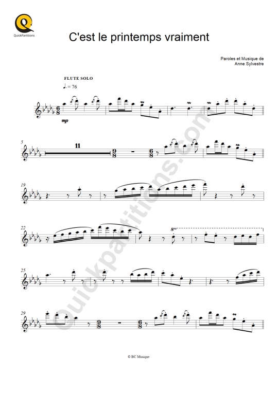 C'est le printemps vraiment Flute Sheet Music - Les Fabulettes d'Anne Sylvestre