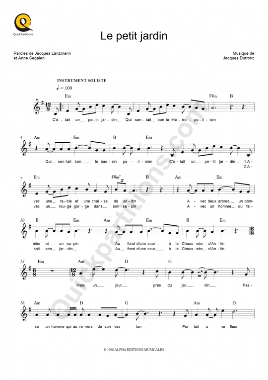 Partition pour Instruments Solistes Le petit jardin - Jacques Dutronc