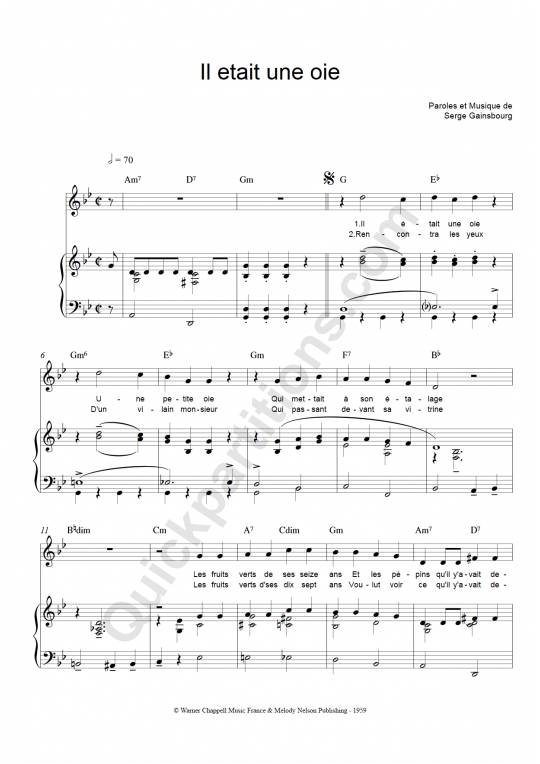 Partition piano Il était une oie - Serge Gainsbourg