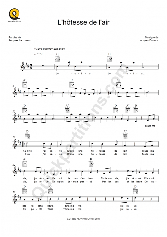 L'hôtesse de l'air Leadsheet Sheet Music - Jacques Dutronc