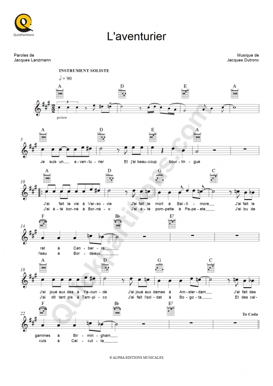 L'aventurier Leadsheet Sheet Music - Jacques Dutronc