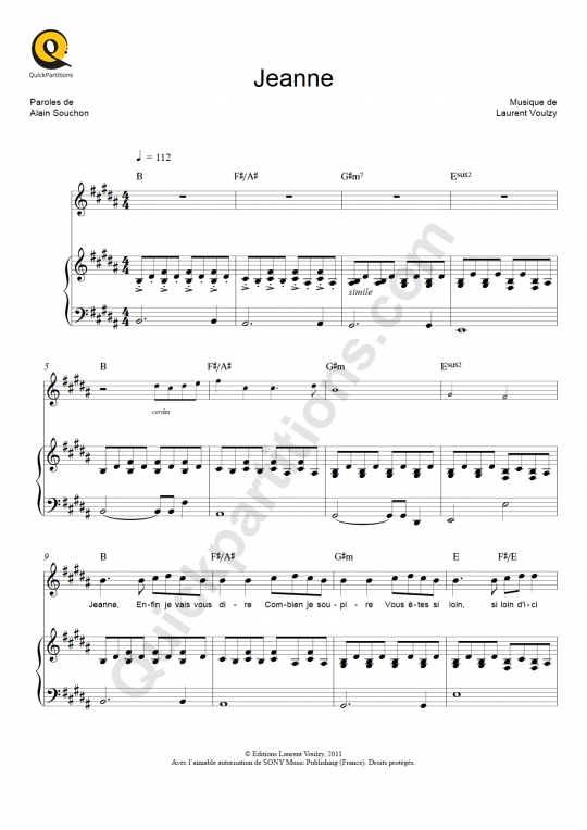 Jeanne Piano Sheet Music - Laurent Voulzy