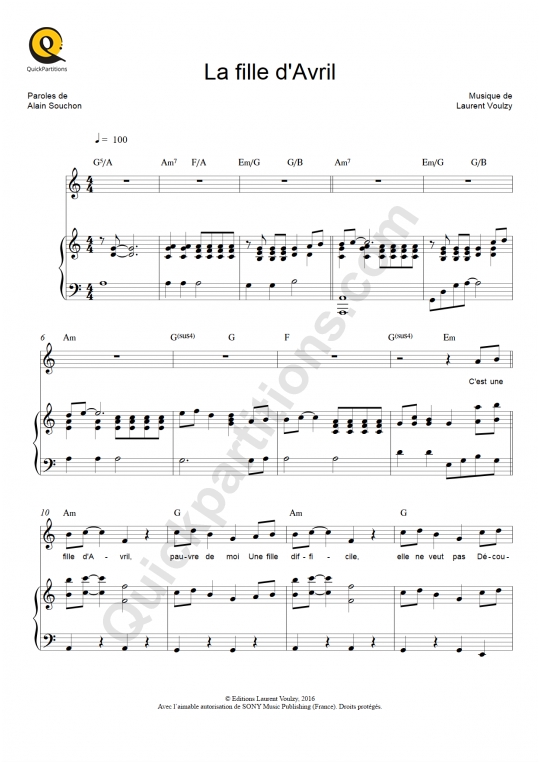Partition piano La fille d'Avril - Laurent Voulzy