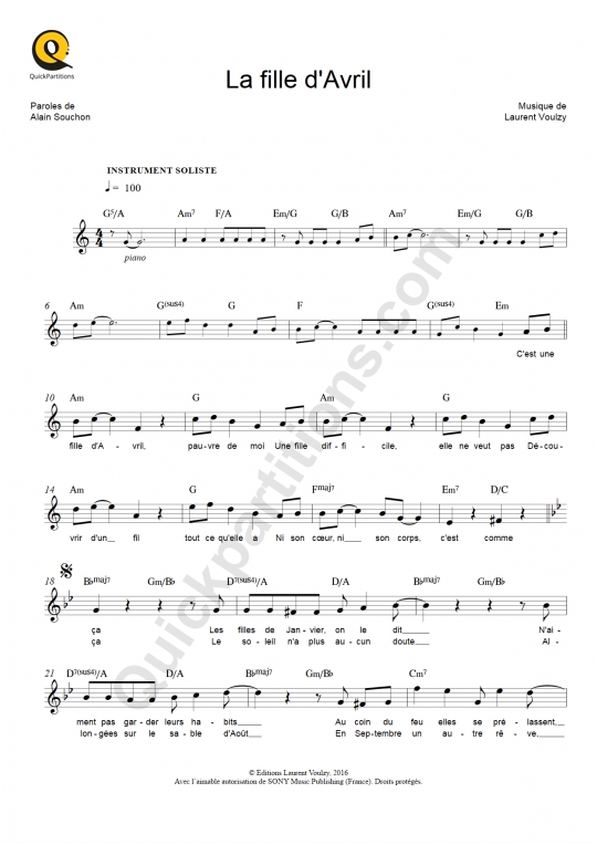 La fille d'Avril Leadsheet Sheet Music from Laurent Voulzy