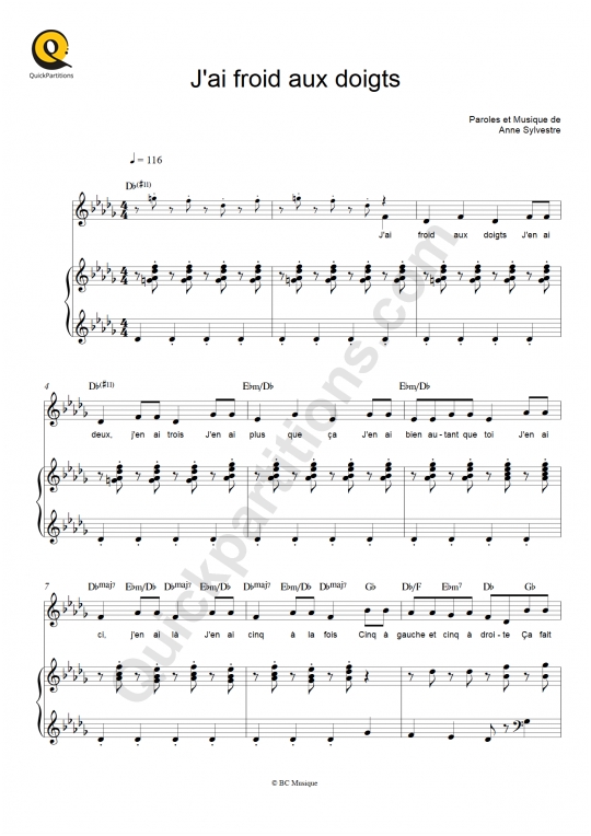 Partition piano J'ai froid aux doigts - Les Fabulettes d'Anne Sylvestre