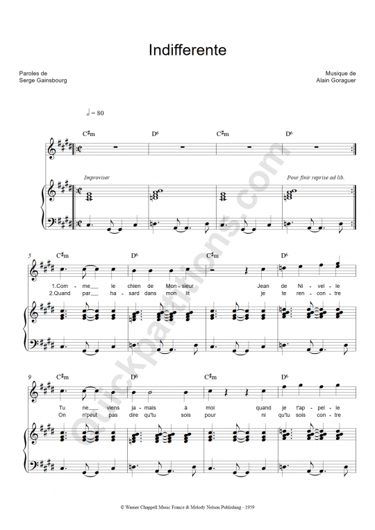 Partition piano Indifférente - Serge Gainsbourg