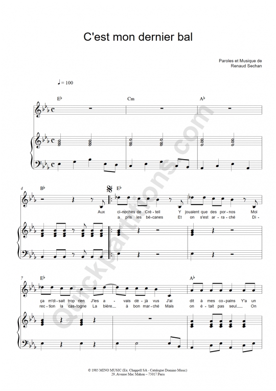 Partition piano C'est mon dernier bal - Renaud