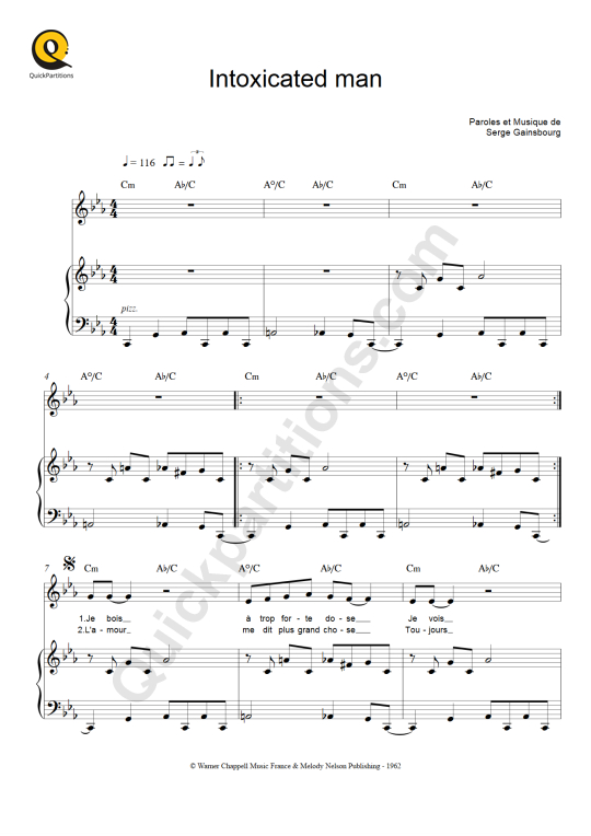 Partition piano Intoxicated Man - Serge Gainsbourg