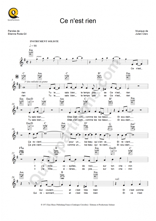 Ce n'est rien Leadsheet Sheet Music - Julien Clerc (Digital Sheet Music)