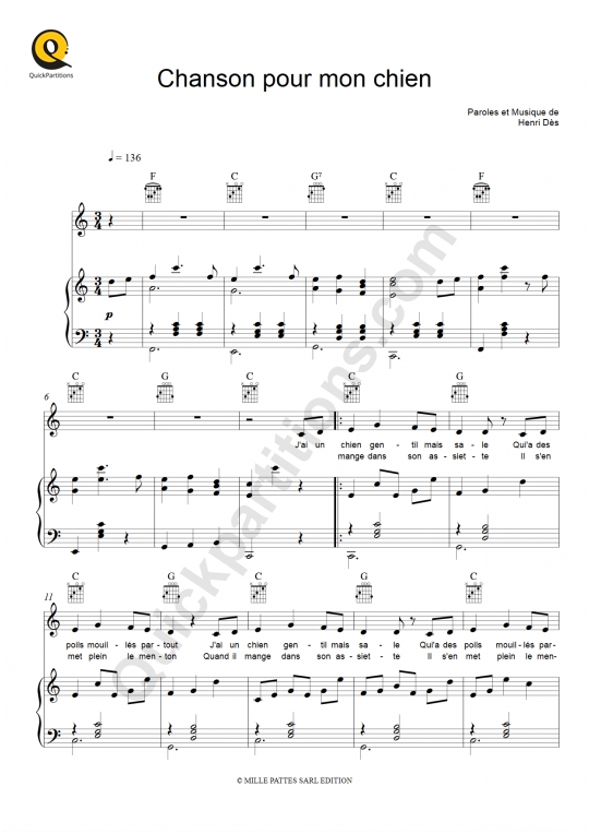Partition piano Chanson pour mon chien - Henri Dès