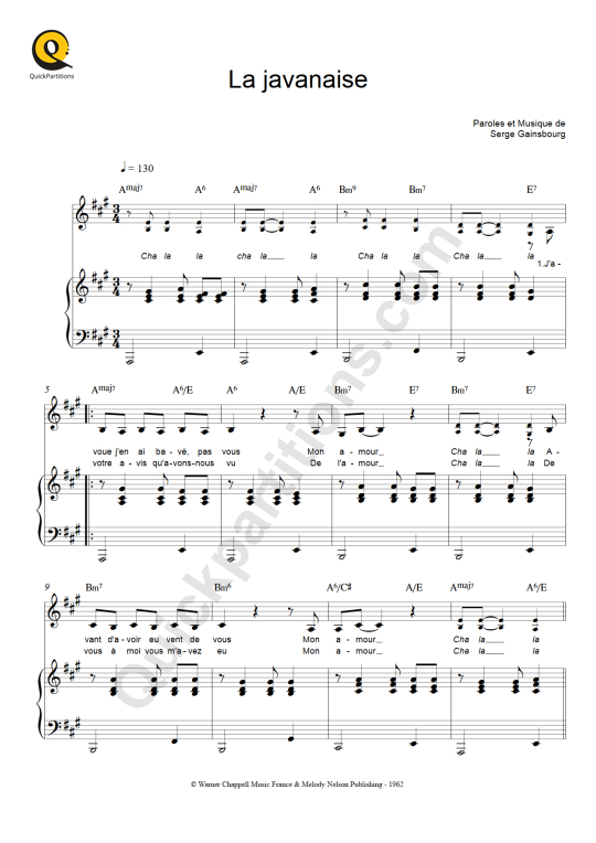 Partition piano La Javanaise - Serge Gainsbourg