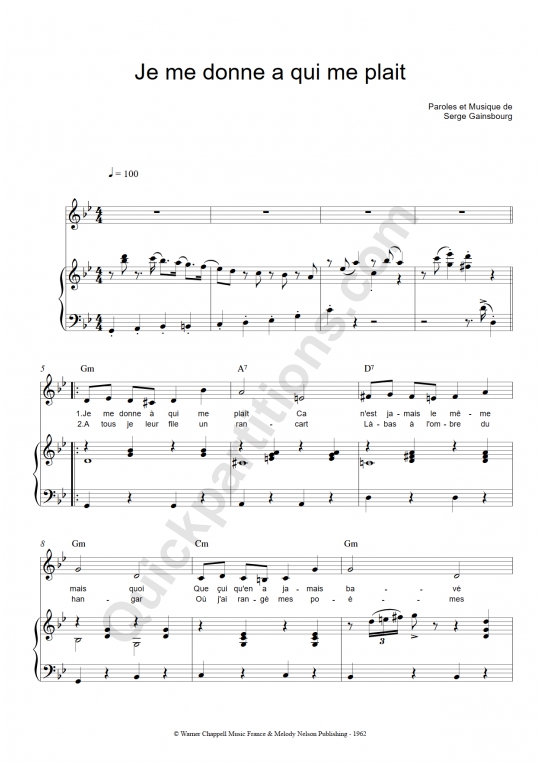 Partition piano Je me donne à qui me plait - Serge Gainsbourg