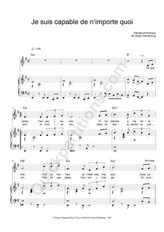 Partition piano Je suis capable de n'importe quoi - Serge Gainsbourg