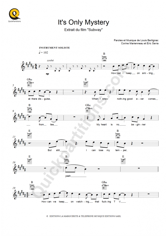 Partition pour Instruments Solistes It's Only Mystery (Subway) - Eric Serra