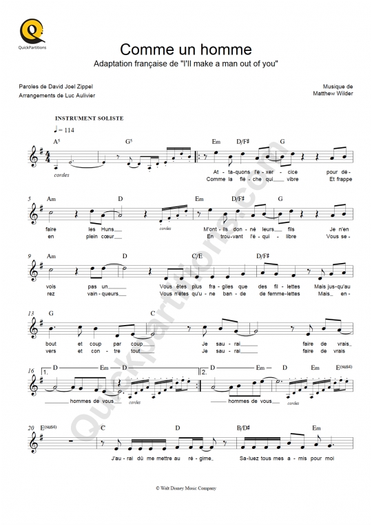 Partition pour Instruments Solistes Comme un homme - Mulan