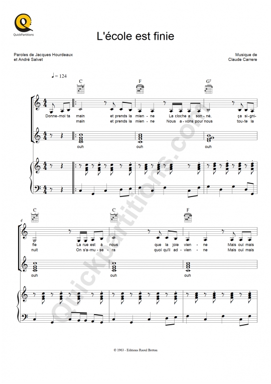 Partition piano L'école est finie - Sheila