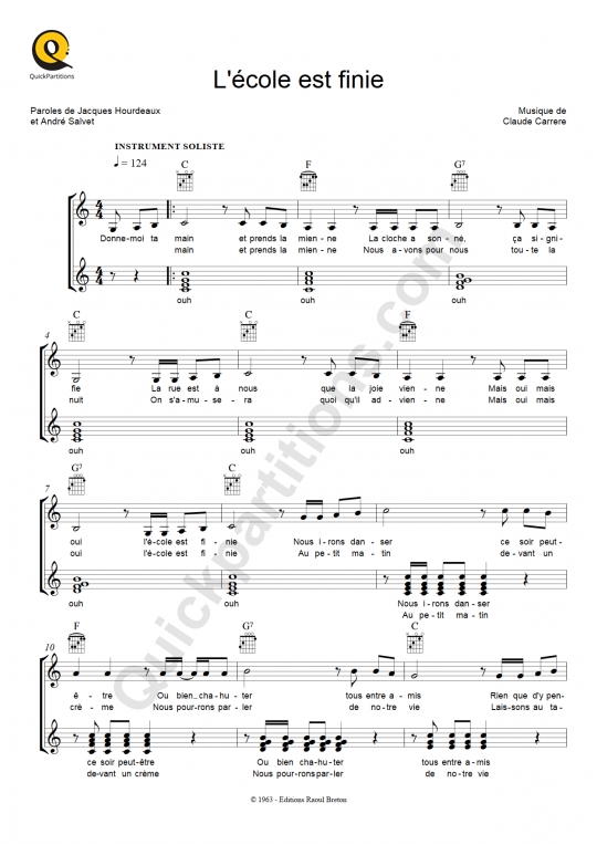 Partition pour Instruments Solistes L'école est finie - Sheila