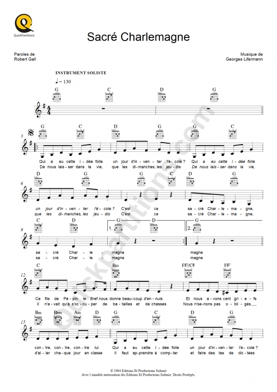 Partition pour Instruments Solistes Sacré Charlemagne - France Gall