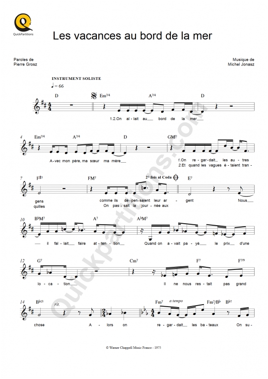 Partition pour Instruments Solistes Les vacances au bord de la mer - Michel Jonasz