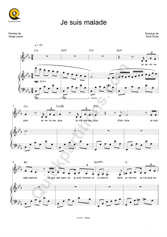 Je suis malade Piano Sheet Music - Serge Lama