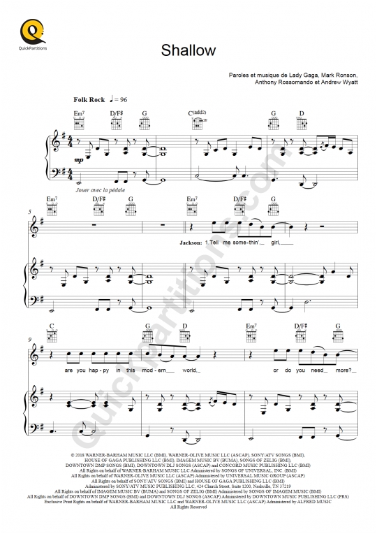 Shallow (A Star Is Born) Piano Sheet Music - Lady Gaga (Digital Sheet