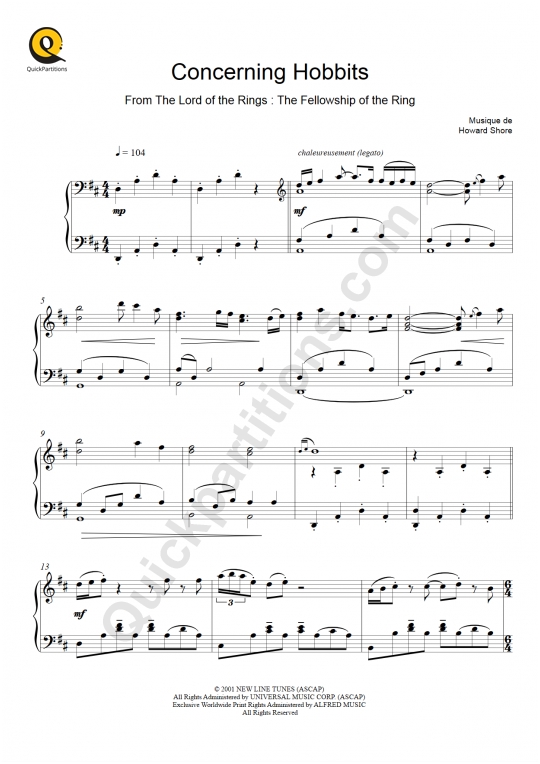 Concerning Hobbits (Le seigneur des anneaux) Piano Sheet Music - Howard Shore
