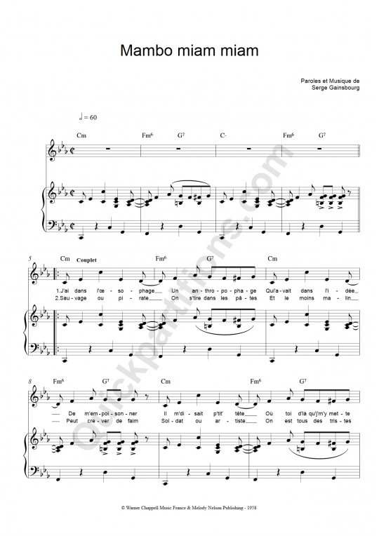 Partition piano Mambo Miam Miam - Serge Gainsbourg