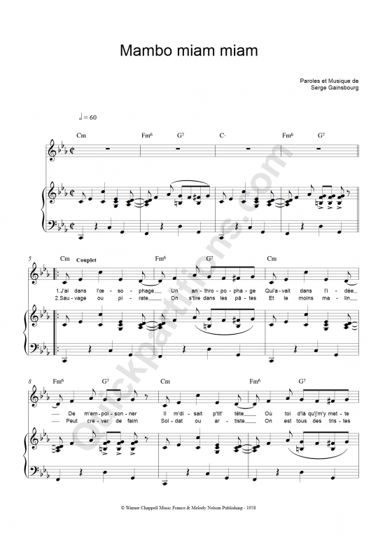 Partition piano Mambo Miam Miam - Serge Gainsbourg