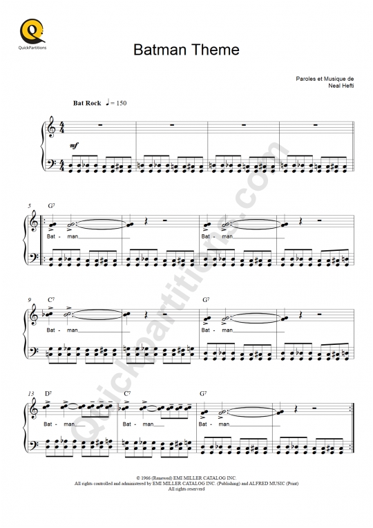 Batman Theme (Série TV) Piano Sheet Music - Neal Hefti