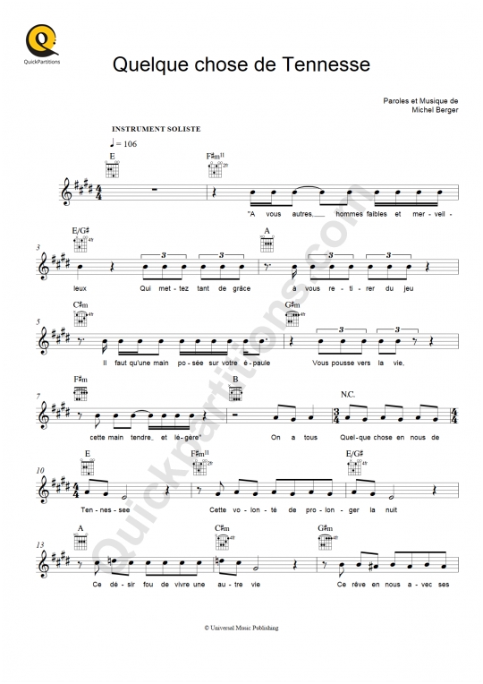 Partition pour Instruments Solistes Quelque chose de Tennessee - Johnny Hallyday