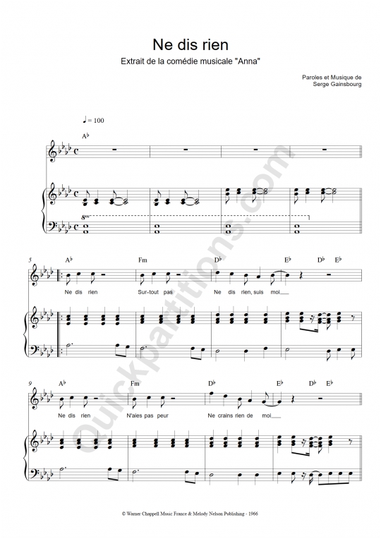 Partition piano Ne dis rien - Serge Gainsbourg