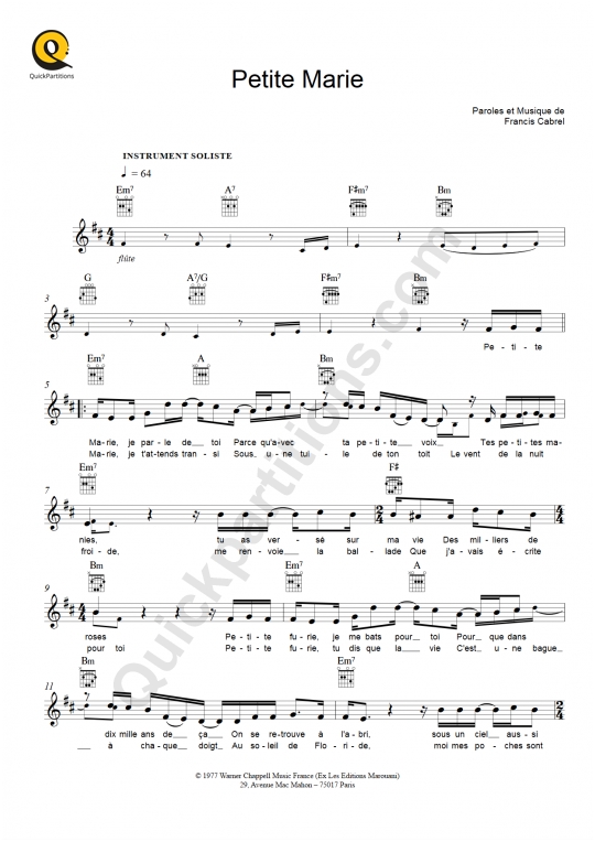Partition pour Instruments Solistes Petite Marie de Francis Cabrel