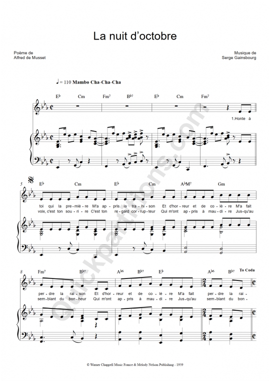 Partition piano La nuit d'octobre - Serge Gainsbourg