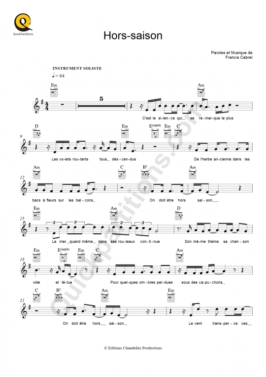 Hors-saison Leadsheet Sheet Music - Francis Cabrel