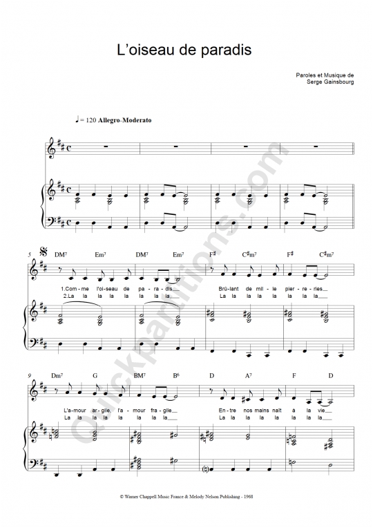 Partition piano L'oiseau de paradis - Serge Gainsbourg