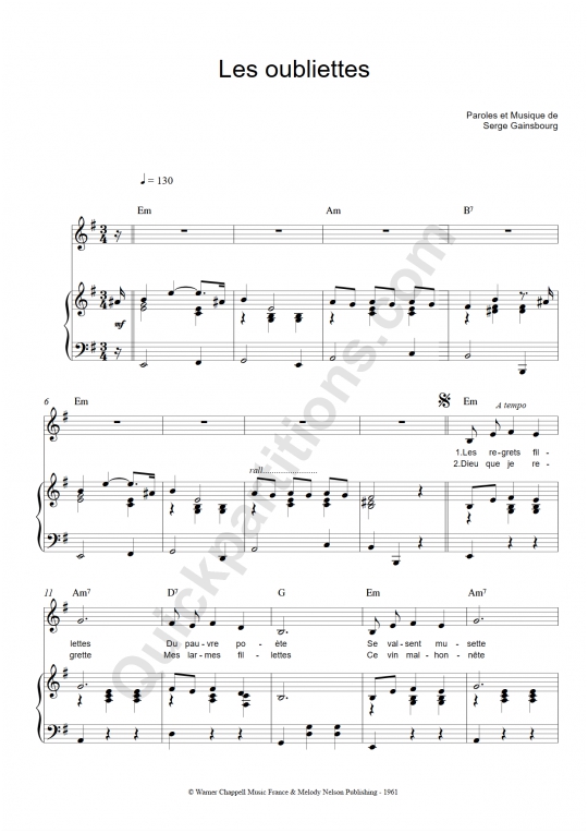 Partition piano Les oubliettes - Serge Gainsbourg