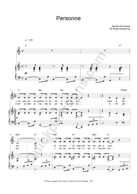 Partition piano Personne - Serge Gainsbourg