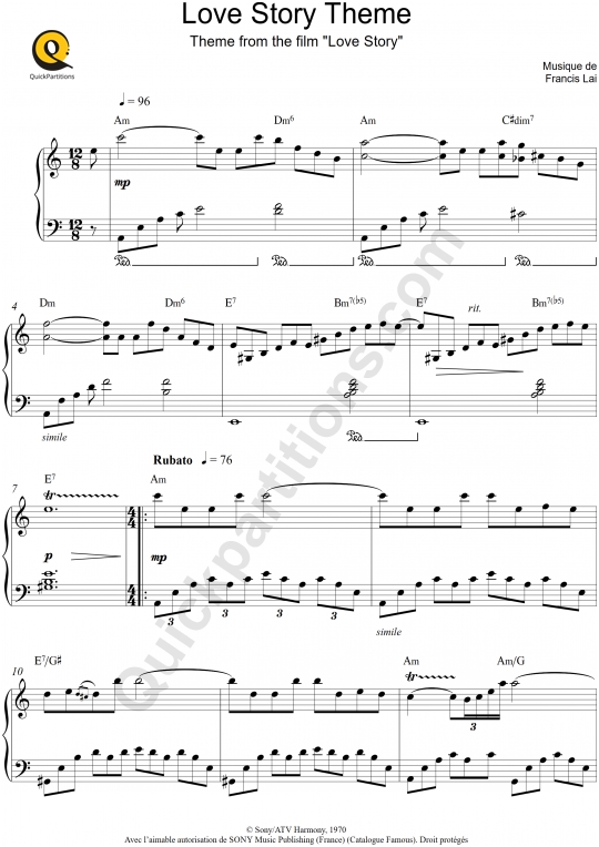 Partition piano Love Story Theme - Francis Lai