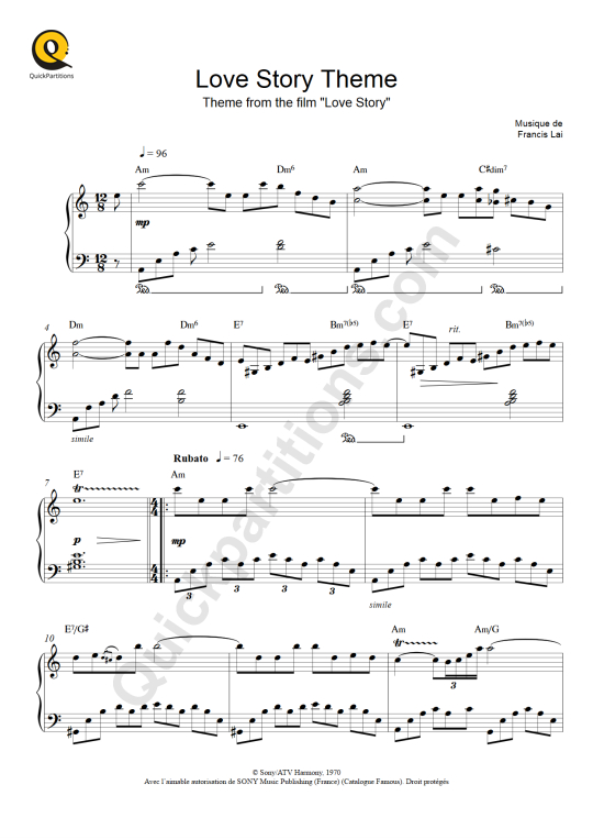 Love Story Theme Piano Sheet Music - Francis Lai
